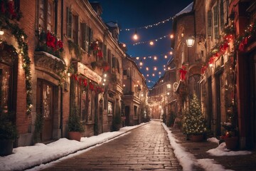 Fototapeta na wymiar Alley in Christmas Night with Bright Lights Amidst Buildings.
