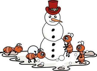 Ants with snowman. Winter art with snow
