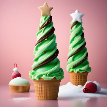 christmas tree made from ice cream, background pink, criativity