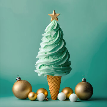 Christmas tree decorations. One christmas tree made from ice cream, background cyan, criativity, 