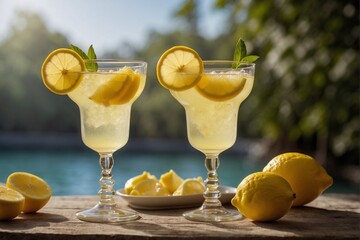 Two glasses of lemonade with lemon and mint on the table, cold drinks.