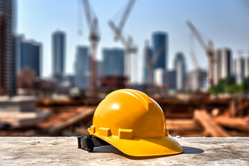 Safety helmets and hard hats protect the head at construction, construction, and civil engineering sites. Concept for safety measures at work site.