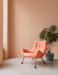 Coral lounge chair and potted plant near beige wall with copy space. Minimalist home interior design of modern living room.