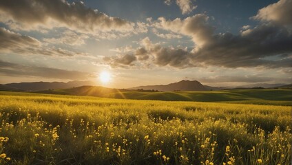 Beautiful summer landscape the evening sunset sun illuminates the hilly terrain