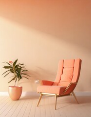 Coral lounge chair and potted plant near beige wall with copy space. Minimalist home interior design of modern living room.
