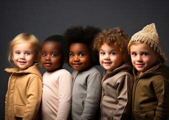 5 multiethnic babies posing in studio
