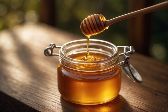 Fresh meadow honey dripping off a spoon into a glass jar, summer sunny day.