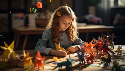 Little Girl Creating Origami Art - obrazy, fototapety, plakaty
