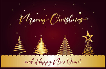 Merry Christmas and Happy New Year card. Vector illustration with golden decorative fir trees and stars on a red background.