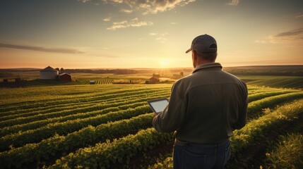 A man standing in a field holding a tablet.