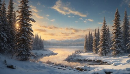 Winter Wonderland: Digital Painting. Snowy Forest: Desktop Wallpaper