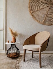 Curved chair and accent side table against stucco wall with rustic decor. Boho home interior design of modern living