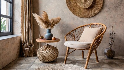 Curved chair and accent side table against stucco wall with rustic decor. Boho home interior design of modern living