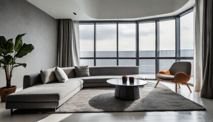 Curved gray sofa and armchair against of floor to ceiling window Minimalist interior design