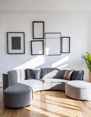 Curved loveseat sofa against white wall with frames. Scandinavian home interior design of modern living room