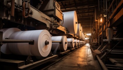 Fototapeta na wymiar Rolls of Paper on a Conveyor Belt in a Factory