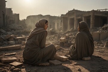 People in dirty ragged clothes sitting on a pile of rubble, against the background of a destroyed village