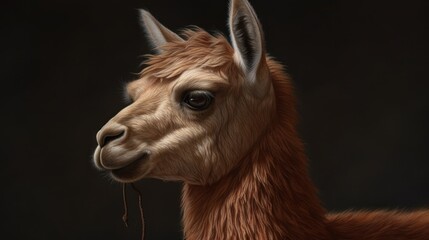 Close-up of an alpaca on a dark background. Livestock Concept.