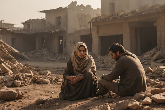People in dirty ragged clothes sitting on a pile of rubble, against the background of a destroyed village