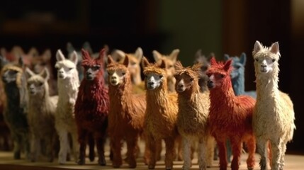 Group of Alpaca dolls. Group of alpaca heads in a row on a black background. Llama figurines in a row on display at a market
