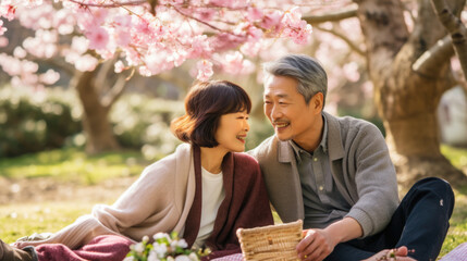 An asian man and a woman sitting on a blanket under a sakura tree in bloom.