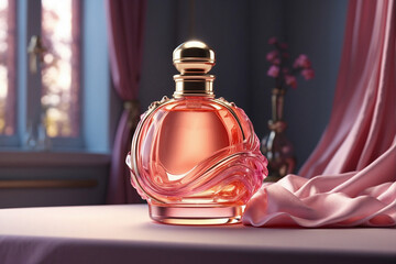 Perfume bottle - transparent smooth glass with golden frame and