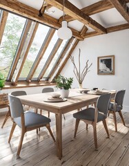 Dining table and chairs in attic with wood beams. Scandinavian interior design of modern dining room.