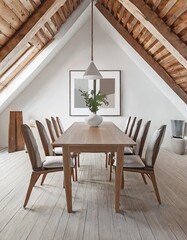 Dining table and chairs in attic with wood beams. Scandinavian interior design of modern dining room.