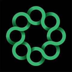 Intertwined rings, circles,green logo or design element. Isolated on black. Vector illustration.
