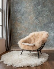 Fluffy fur sheepskin lounge chair on shaggy rug against venetian stucco wall with copy space. Minimalist home interior design of modern living room