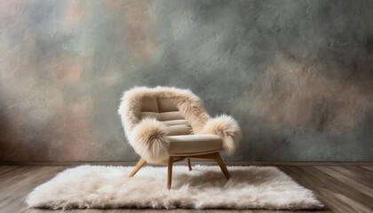 Fluffy fur sheepskin lounge chair on shaggy rug against venetian stucco wall with copy space. Minimalist home interior design of modern living room - obrazy, fototapety, plakaty