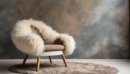Fluffy fur sheepskin lounge chair on shaggy rug against venetian stucco wall with copy space. Minimalist home interior design of modern living room