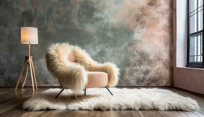 Fluffy fur sheepskin lounge chair on shaggy rug against venetian stucco wall with copy space. Minimalist home interior design of modern living room
