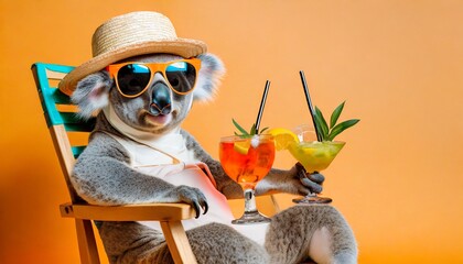 Funny koala wearing summer straw hat and stylish sunglasses