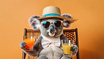 Funny koala wearing summer straw hat and stylish sunglasses