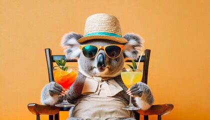 Funny koala wearing summer straw hat and stylish sunglasses