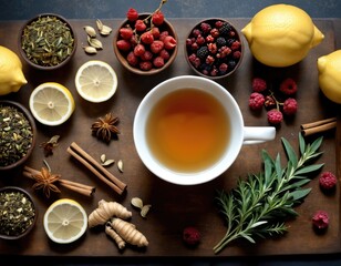White cup of tea with ginger, lemon, raspberry, blackberry and salvia with herbs, cardamon and cynnamon sticks on a rustic wooden table for immune system support protecting from cold