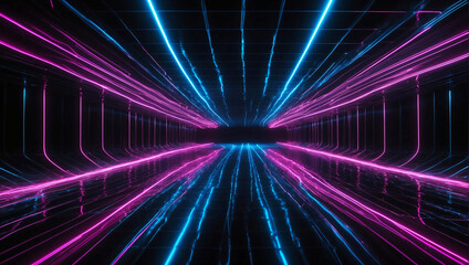 Fototapeta premium Room filled with many neon lights, bright and spacious, endless corridor