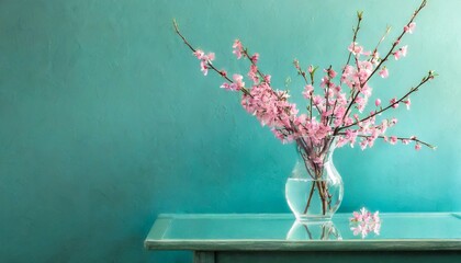 Glass vase with pink blossoms flowers twigs on glass table near empty, blank turquoise wall. Home...