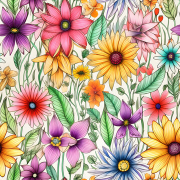 Flower in hand drawn style seamless pattern background.