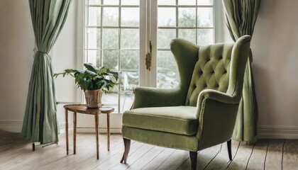 Green wingback chair near window. Classic home interior design of living room.