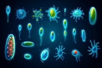 Bacteria and virus icons. Disease-causing bacterias, viruses and microbes. Color germs, bacterium types vector illustration set. - obrazy, fototapety, plakaty