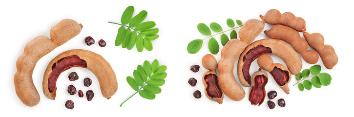 Tamarind fruit with leaf and seed isolated on white background, Top view. Flat lay - obrazy, fototapety, plakaty