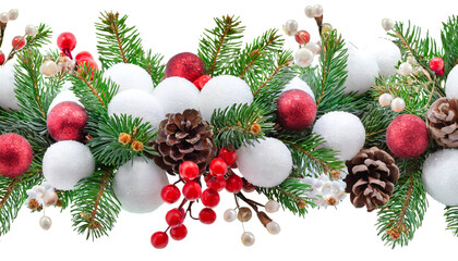 Fototapeta na wymiar Snowberries with green twigs of Christmas tree, red decorations and cones in a festive garland isolated on white or transparent background 
