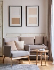 Fototapeta na wymiar Grey Corner Sofa Against Panoramic Window with Forest View - Scandinavian Home Interior Design