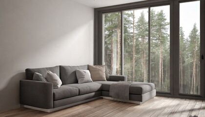 Grey Corner Sofa Against Panoramic Window with Forest View - Scandinavian Home Interior Design