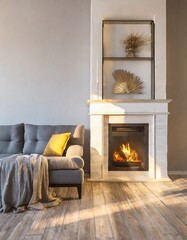 Barrel chair and round coffee table near grey corner fabric sofa against the wall with fireplace and bookshelves design. The interior design of the modern living