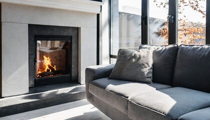 Barrel chair and round coffee table near grey corner fabric sofa against the wall with fireplace and bookshelves design. The interior design of the modern living