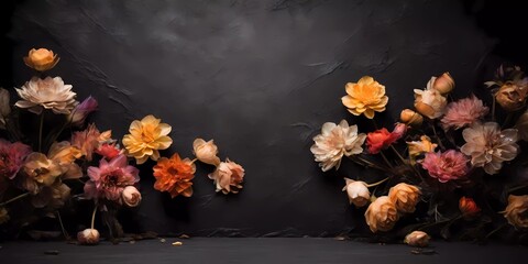 Flowers on black background with free space for product display and texture 
