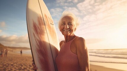 happy senior woman with surfboard at the beach,unaltered,active lifestyle - Powered by Adobe
